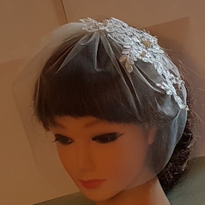 Bridal Tulle Birdcage veil, 9 inch Tulle Blusher Veil White Ivvory BIRDCAGE VEIL Headband Bridal headpiece  Lace Diamonte Pearls Fascinator