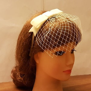 Bridal mini Birdcage veil, Blusher Veil.White-vory-birdcage veil Headband Bridal headpiece w Velvet Bow image 3