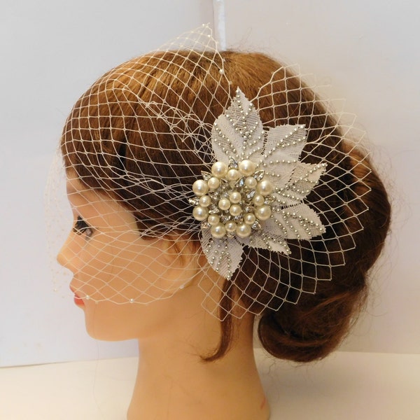 1920's birdcage veil w Boho Gatsby Wedding Lace Crystal Hair Clip Bridal Blusher veil 2 Pc Set Veil & Crystal pearl Lace fascinator hairclip