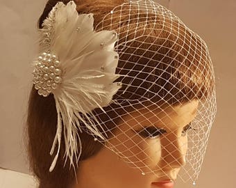 Bridal Birdcage Veil with Crystal Feather Fascinator: 2-in-1 Wedding Hairpiece