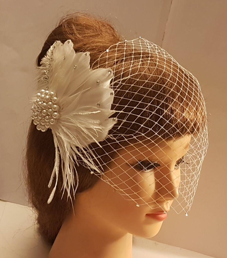 Wedding Bridal Hairpiece Fascinator Birdcage Veil White Ivory Bridal Accessory Hair Clip Vintage