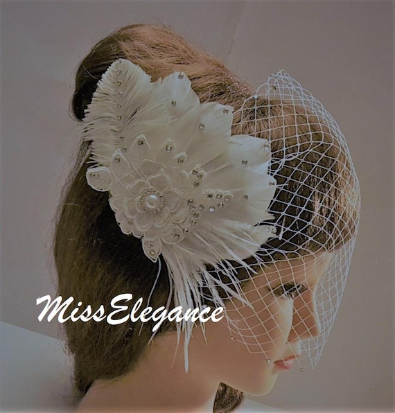 Birdcage Wedding Veil Fascinator With Feather Accent With Headband and Hair Clip Pippa Facinator | Birdcage Veil – Grace Loves Lace US main image 4