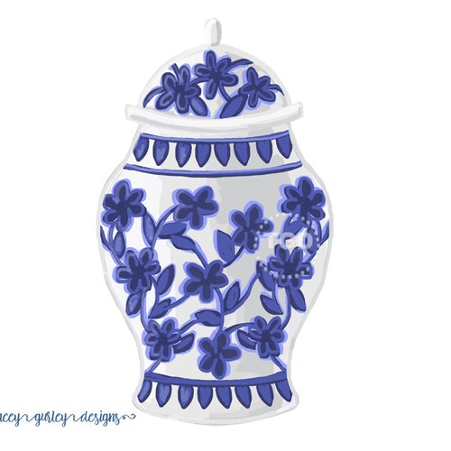 Blue and White Ginger Jar Clip Art Original Art. Chinoiserie Etsy