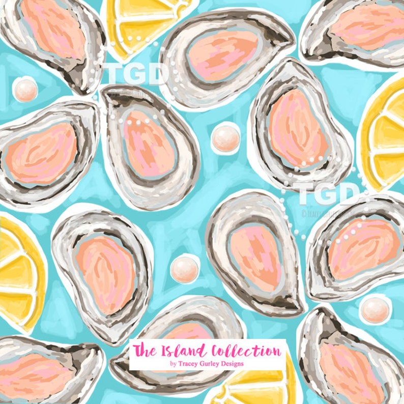 Oysters on the half shell on blue digital paper invitation art oyster digital paper The Island Collection preppy oyster paper