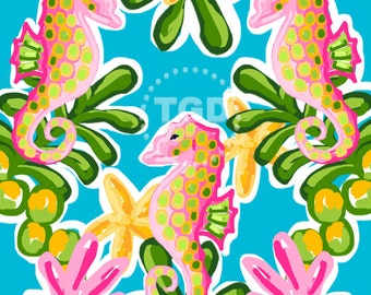 Preppy Seahorse digital paper - Original Art download, pink green yellow digital paper, preppy download