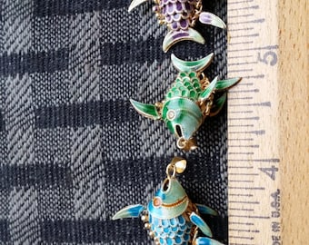 ヴィンテージ中国七宝焼きハンドメイド関節式魚キーチェーンペンダント