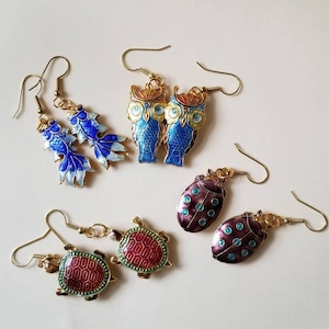 Vintage Chinese Enamel on Copper dangling Earrings #Owl #Turtle #GoldFish #LadyBug  6 different Color Cooper Wire Hooks