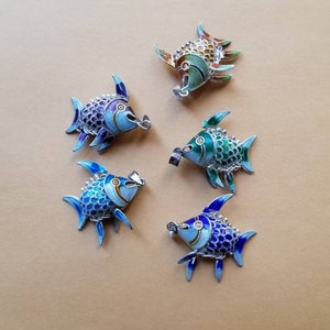 Hand Made Chinese Vintage Silver Enamel Fish Pendant _ navy blue, light blue, purple, green and brown