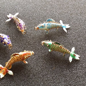 Vintage Chinese Hand made Silver Gold  Plated Cloisonné  3-D articulated fish in Blue, Brown, Green and Purple  Pendant