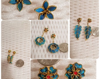 Vintage Chinese Kingfisher Feather  Stud Earrings, Inlaid, Handmade, Turquoise Blue, FIVE different styles, Leaf, Fish, Flower, Round shapes