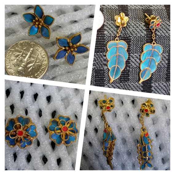 Vintage Chinese Kingfisher Feather  Stud Earrings… - image 6
