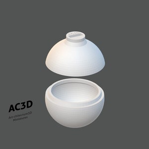 May include: 3D-rendered white spherical container with a removable, dome-shaped lid. The container is open, revealing its interior. The design is minimalist, with a focus on form and shape. The text "AC3D Art-chitecture3D Miniatures" is visible.