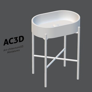 May include: A white, oval-shaped sink with a minimalist design, supported by a slender, four-legged stand. The stand features an X-shaped support for stability. The image includes the text "AC3D" and "Art-chitecture3D Miniatures".