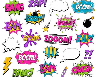 Superhero Girl Clipart Comic Book Clip Art Comic Text Speech Bubbles - Boom, Zap, Bang, Bam, Crash, Pow Sounds Sayings - YDC109