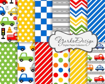 Cars Digital Paper, Cars Pattern, Vehicle Background, Transportation, Illustration, Fire Truck, Police, Taxi - Instant Download - YDP009