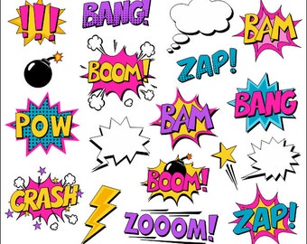 Superhero Girl Clipart Comic Book Clip Art Comic Text Speech Bubbles - Boom, Zap, Bang, Bam, Crash, Pow Sounds Sayings - YDC070