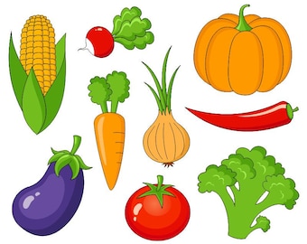 Vegetables Clip Art, Cute Veggies Digital Clipart, Corn, Pumpkin, Tomato, Onion, Eggplant, Carrot, Pepper - Instant Download - YDC002