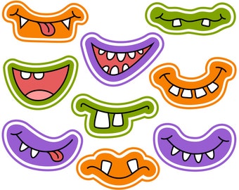 Halloween Monster Grins Digital Clip Art, Cute Monster Smiles, Monster Faces, Monster Printable Photo Booth Props, Instant Download - YDC107