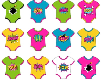 Baby Superhero Girl Onesies Clip Art, Girls Superhero Comic Book Onesies, Boom Zap Bam Crash Digital Clipart - Instant Download - YDC137