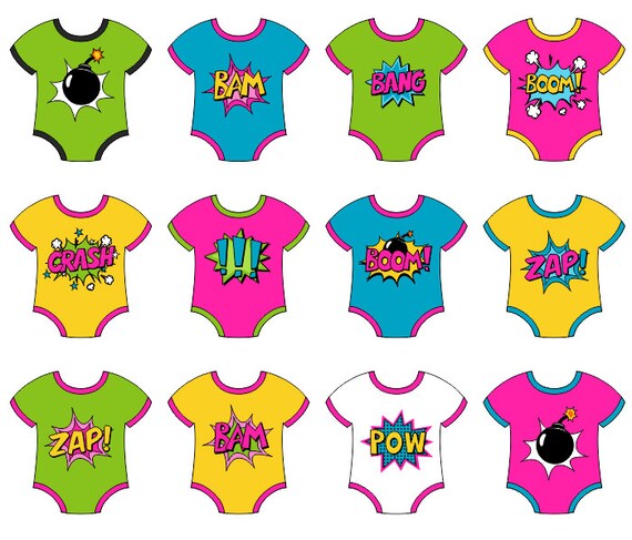 Baby Superhero Girl Onesies Clip Art Girls Superhero Comic Book Onesies Boom Zap Bam Crash Digital Clipart Instant Download YDC137 Etsy