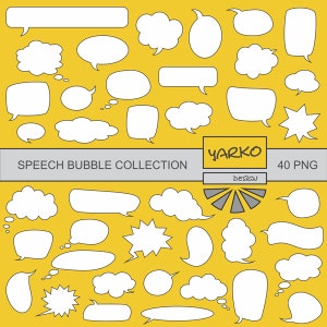 Pode incluir: Uma coleção de 40 balões de fala brancos em várias formas e tamanhos, sobre um fundo amarelo. Os balões incluem desenhos em forma de nuvem, retangulares e de estrela. O texto "SPEECH BUBBLE COLLECTION" e "YARKO DESIGN 40 PNG" também está presente.
