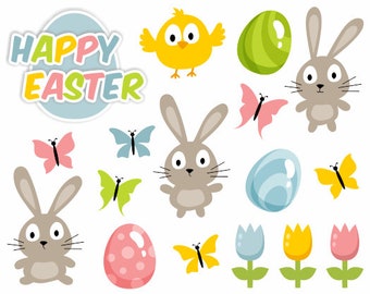 Happy Easter Digital Clip Art, Cute Easter Illustration, Easter Bunny, Eggs, Flowers, Butterflies - Instant Download - YDC145