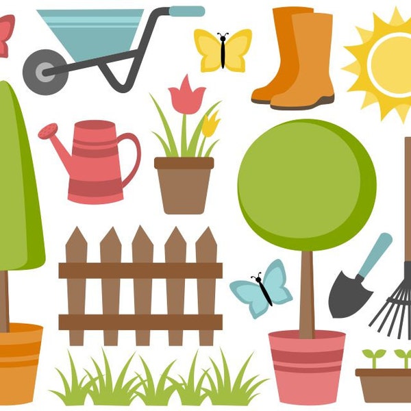 Gärtnern Clip Art Set, Garten-Clipart, Baum, Sonne, ClipArt Schmetterlinge, Gras-Digital - sofort-Download - YDC108