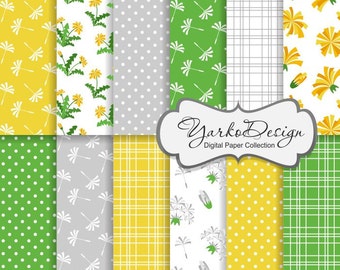 Dandelions Digital Paper, Yellow Green And White Pattern, Dandelion Digital Background, Illustration - Instant Download - YDP013