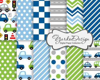 Cars Digital Paper, Blue Green Cars Pattern, Vehicle Digital Background, Transportation, Illustration, Truck  - Instant Download - YDP008