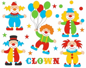 Funny Bright Clowns Clip Art Set, Cirsuc Clipart, Balloons Digital Clip Art - Instant Download - YDC099