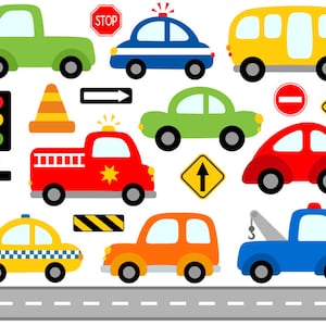 Cute Cars Digital Clip Art, Transportation, Road Signs Illustration, Fire Truck, Police Car, School Bus, Vehicle - Instant Download - YDC105