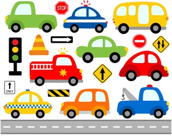 Cute Cars Digital Clip Art, Transportation, Road Signs Illustration, Fire Truck, Police Car, School Bus, Vehicle - Instant Download - YDC105