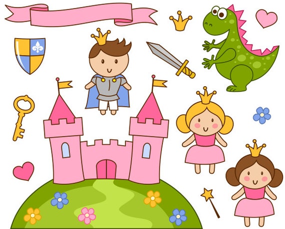 Cute Little Princess And Prince Clip Art Pink Castle Clipart Etsy