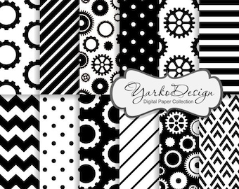 Steampunk Gears Paper, Black Gears Silhouette Pattern, Digital Paper, Black And White Cogwheel, Background - Instant Download - YDP006