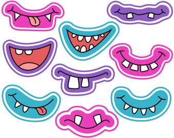 Girly Monster Grins Digital Clip Art, Cute Monster Smiles, Girlish Monster Faces, Printable Photo Booth Props - Instant Download - YDC139