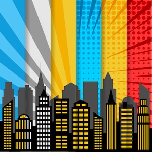 Könnte beinhalten: Eine stilisierte Stadtsilhouette mit einem Hintergrund im Comic-Stil. Der Hintergrund zeigt vertikale Panels mit blauen Strahlen, grauen Streifen, gelben Sonnenstrahlen, blauen Punkten, gelben Punkten und roten radialen Linien. Die Gebäude haben beleuchtete Fenster.
