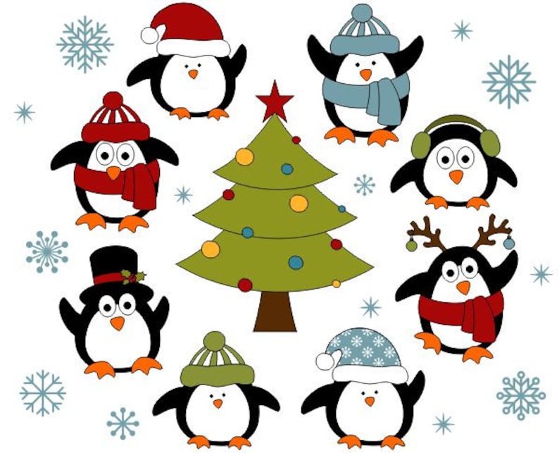 Christmas Penguins Digital Clip Art, Christmas Tree Clipart, Xmas Cute
