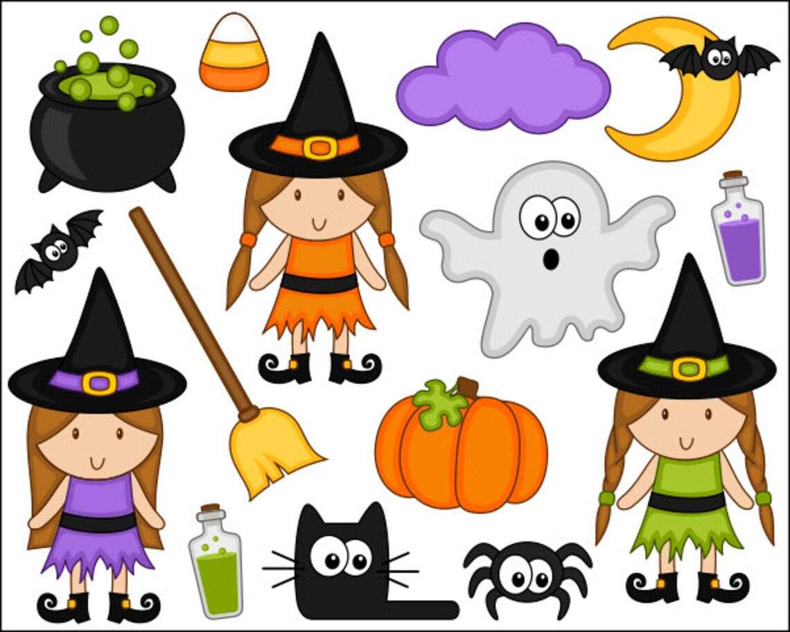 Cute Halloween Clipart Cute Witch Digital Clip Art Pumpkin - Etsy