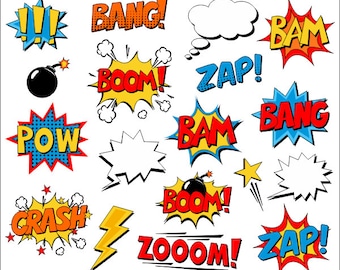 Superhero Clipart Comic Book Clip Art Comic Text Speech Bubbles - Boom, Zap, Bang, Bam, Crash, Pow Sounds Sayings - YDC132