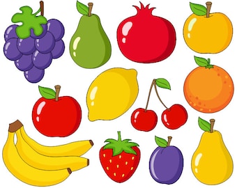 Cute Fruits Digital Clip Art, Grapes, Apple, Bananas, Pear, Plum, Orange, Cherry Clipart - Instant Download - YDC001