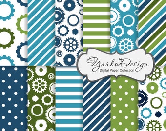 Steampunk Gears Paper, Blue And Green Gears Silhouette Pattern, Sprocket Digital Paper, Cogwheel, Background - Instant Download - YDP012