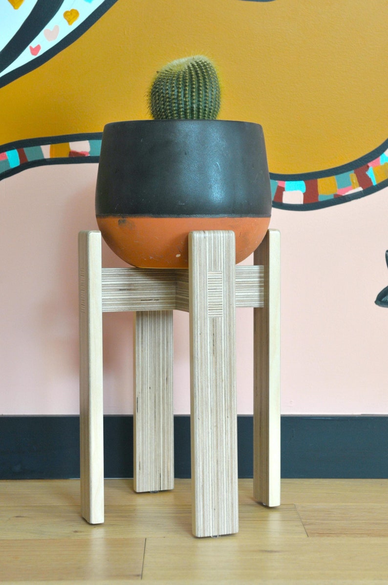 May include: A wooden plant stand with four legs, supporting a terracotta pot with a black rim. The pot contains a green cactus.