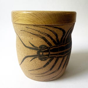 May include: A speckled tan ceramic vessel with a wide, rounded body and a smooth, light-colored wooden lid. The exterior of the ceramic pot features a detailed, dark black graphic illustration of a centipede wrapping around the curved surface.