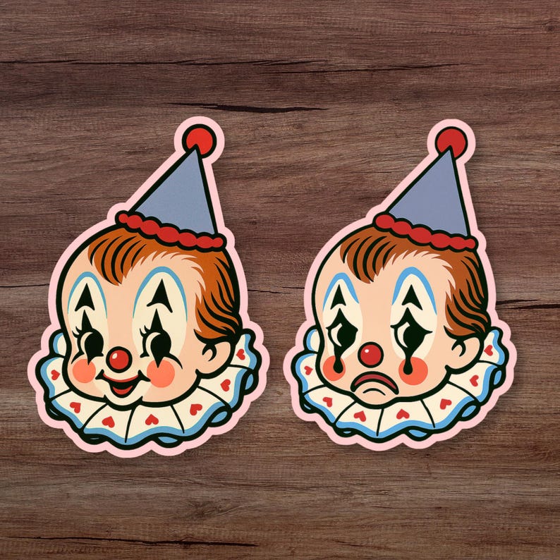 Kewpie Clown Sticker Set - Set of Two Water Resistant Kewpie Clown Costume Stickers. Clown costume, clown sticker, kewpie stickers, kewpie, classic clown, vintage clown
