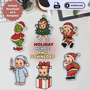 May include: A collection of six holiday-themed Kewpie doll PNG images. The images include a Grinch-like character, a baby dressed as a Christmas tree, a baby in a Santa suit, a baby in pajamas, a baby in a gift box, and a Santa Claus figure. Text includes "Instant Download all 6 Kewpies!" and "Holiday Kewpie PNG Download".