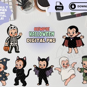 May include: Digital PNG file featuring seven Kewpie dolls dressed in Halloween costumes, including a skeleton, vampire, witch, cat, bat, ghost, and Frankenstein. The image includes the text "KEWPIE HALLOWEEN DIGITAL PNG."