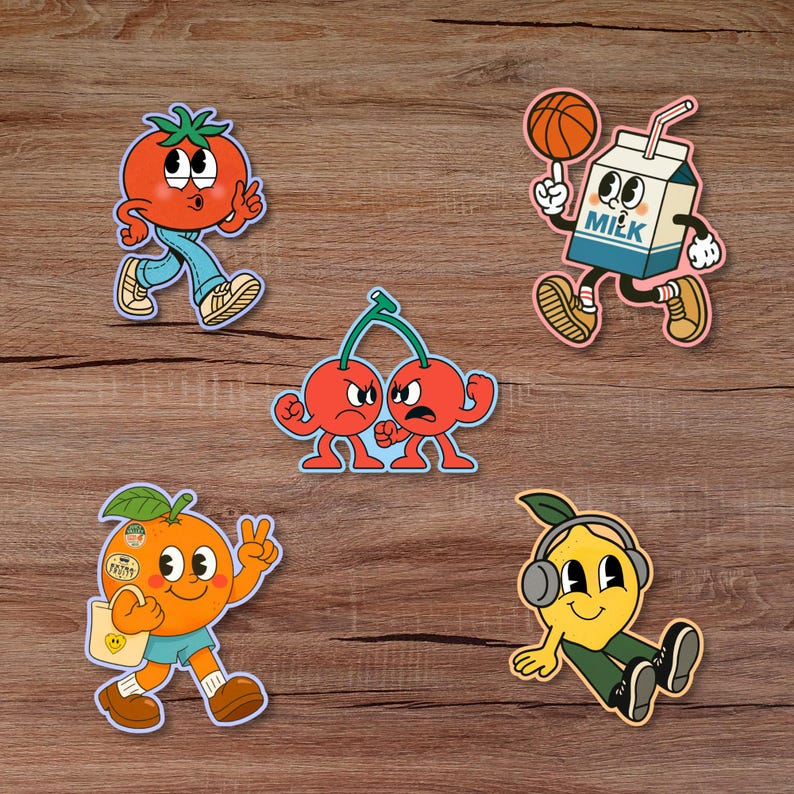 Retro Fruit Sticker Pack – Cute Kawaii Vinyl Food Stickers (Tomato, Cherries, Orange, Lemon, Milk Carton)