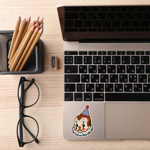 Kewpie Clown Sticker Set - Set of Two Water Resistant Kewpie Clown Costume Stickers. Clown costume, clown sticker, kewpie stickers, kewpie, classic clown, vintage clown