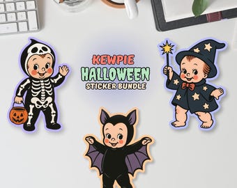 Halloween Kewpie Sticker Bundle - Horror sticker bundle, Kewpie stickers, skeleton costume, wizard costume, bat costume