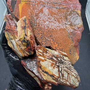 May include: A collection of three raw jasper rock specimens featuring vibrant patterns of red, orange, yellow, and black. The stones display intricate, web-like textures and bold, linear veining across their polished, wet-looking surfaces.